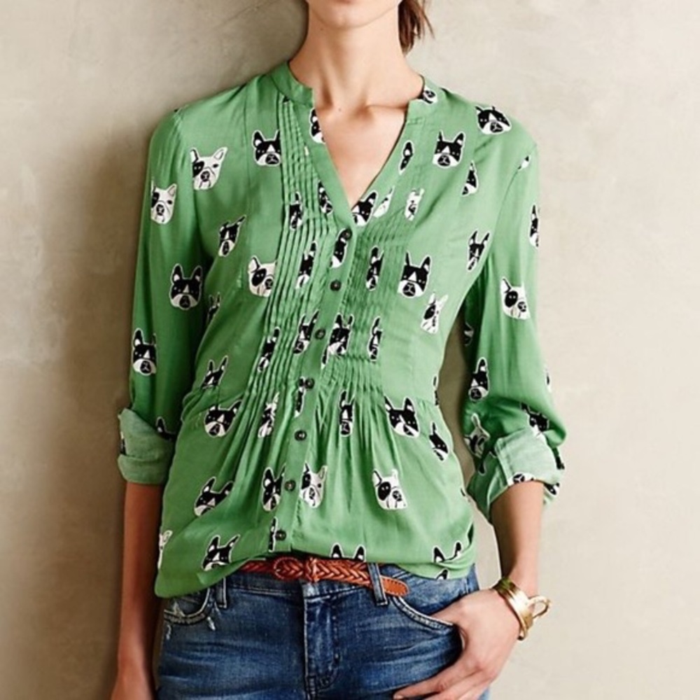anthropologie Maeve French Bulldog Blouse Top Shirt Size 4